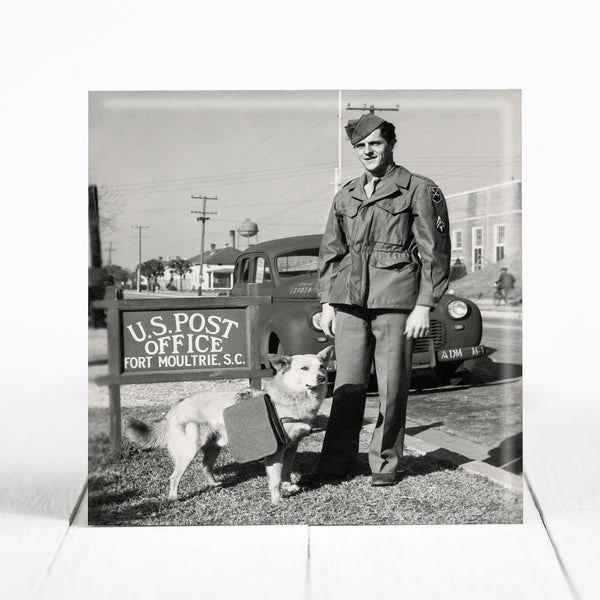 263rd Coastal Artillery Soldier with Mail Dog at Fort Moultrie, Charleston  cir. 1943