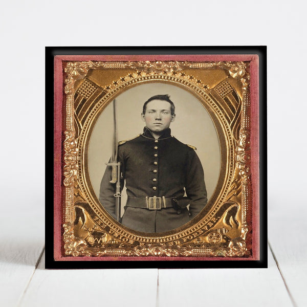 Union Soldier in Rifleman Uniform holding Musket with Sword Bayonet - Civil War Era